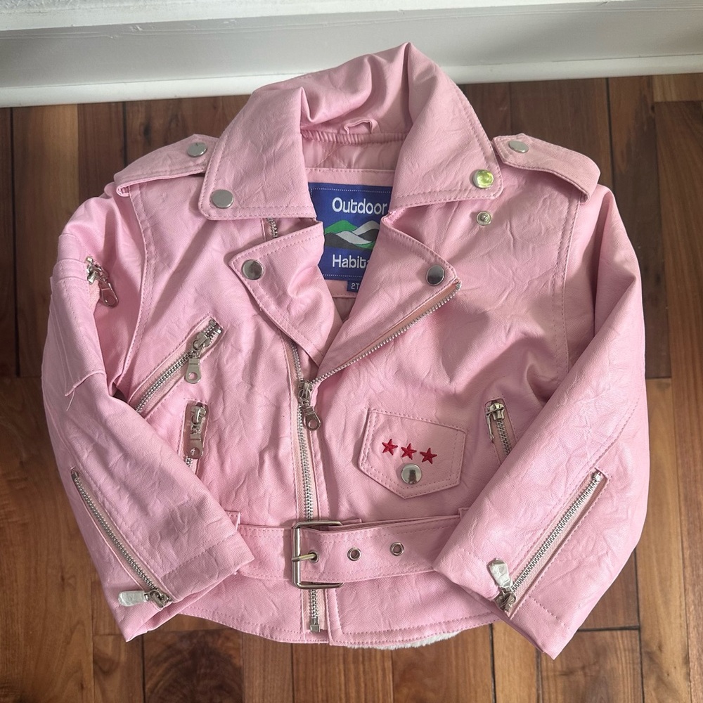 Outdoor Habitat Pink Moto Style Back Patch USA faux leather jacket sz: 2T